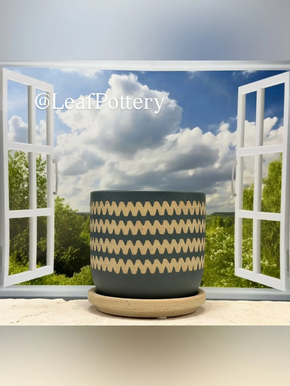 Dark Green Ceramic Planter with Attached Saucer & Drainage Hole